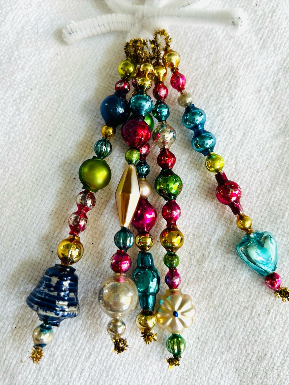 Mini Vintage Repurposed  holiday Christmas ornaments, mercury Glass bead icicle